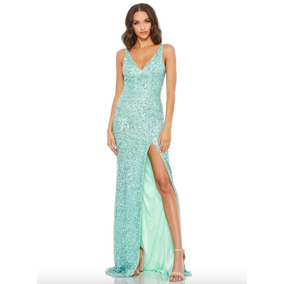 MAC DUGGAL Dress Size 2 Evening Gown Sequin Seafoam Green NEW Slit V Neck - Picture 1 of 7